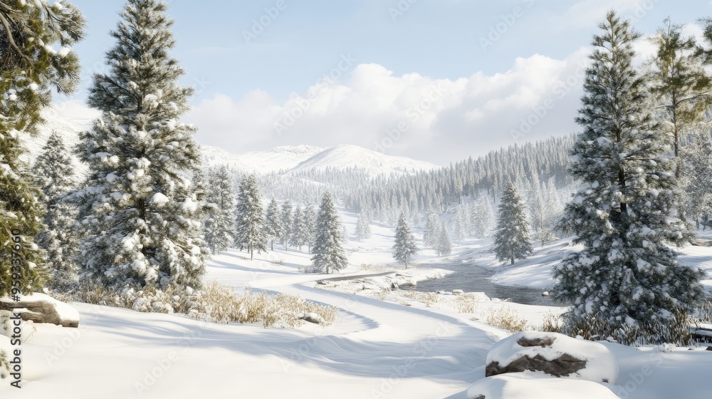 Obraz premium Snowy Morning Landscape with Frosty Trees