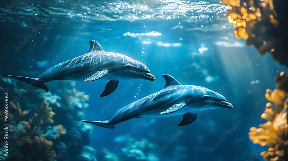 Fototapeta premium Photo of whales and dolphins underwater : Generative AI