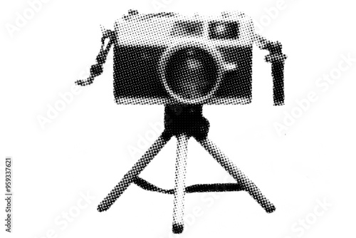 close up analog rangefinder camera with mini tripod pixelate black and white color halftone dotted texture style collage element