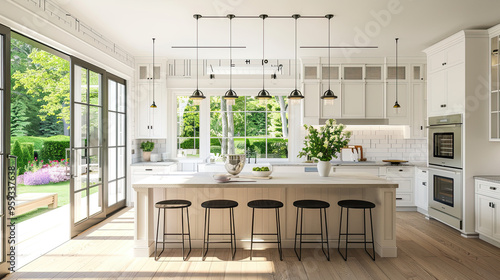 Modern Kitchen with Bar Stools, Island, and French Doors to Garden