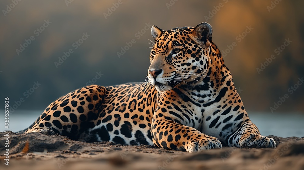 Obraz premium Jaguar resting on the riverbed : Generative AI