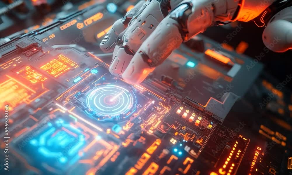 Robot Hand Interacting with Futuristic Interface Robot Hand Interacting with Futuristic Interface