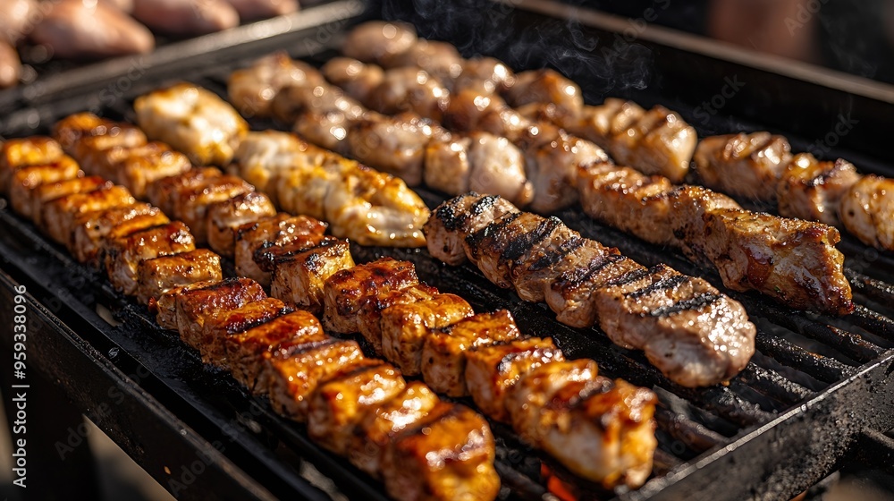 Pork lamb and chicken meat cooked traditionally on a charcoal bbq grill with charcoal Cyprus traditional souvla food on barbecue : Generative AI Pork lamb and chicken meat cooked traditionally on a charcoal bbq grill with charcoal Cyprus traditional souvla food on barbecue : Generative AI