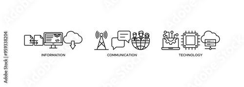 ICT icon. information and communications technology with icon of antenna, radio, network, website, database, cloud, server, data, electronic, and processor