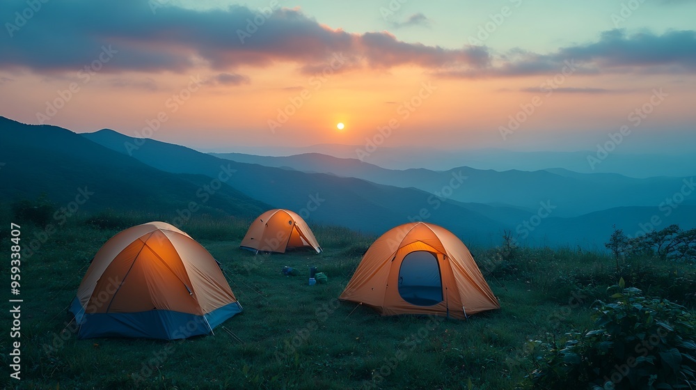 Group of adventurer tents during overnight camping site at the beautiful scenic sunset view point over layer of mountain for outdoor adventure vacation travel : Generative AI Group of adventurer tents during overnight camping site at the beautiful scenic sunset view point over layer of mountain for outdoor adventure vacation travel : Generative AI
