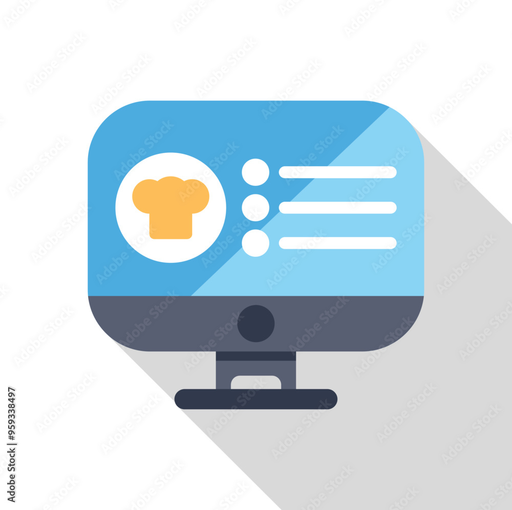 Computer monitor is displaying a digital menu or cooking website, featuring a chef's hat icon and a list of culinary options Computer monitor is displaying a digital menu or cooking website, featuring a chef's hat icon and a list of culinary options