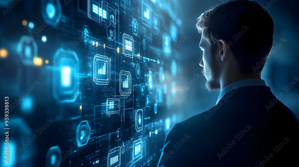 Businessman looking at a digital interface with data visualizations and graphs. Businessman looking at a digital interface with data visualizations and graphs.