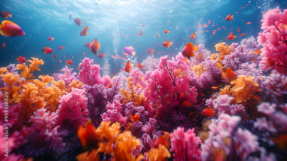 Obraz premium Vibrant Underwater Coral Reef Illustration with Colorful Fish