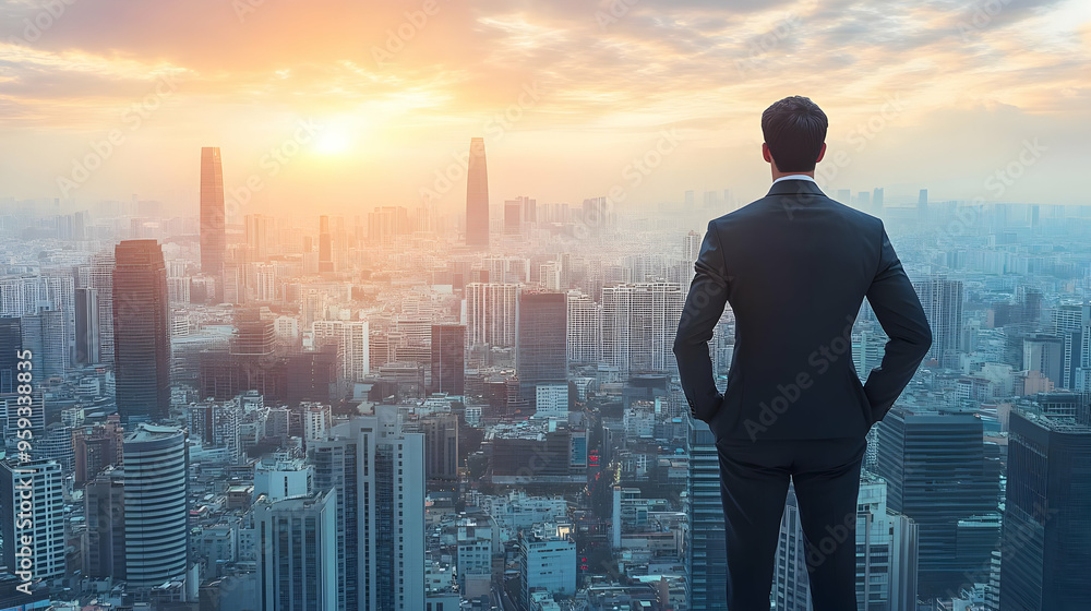 Businessman standing with his hands on his hips overlooking a city skyline at sunset. Businessman standing with his hands on his hips overlooking a city skyline at sunset.