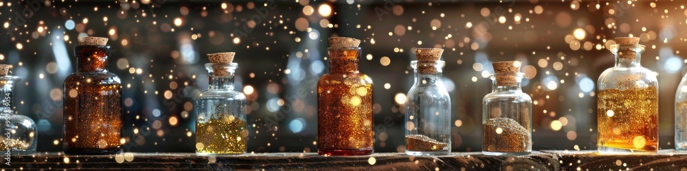 Fantasy Wizardry Decor Featuring Gold Glitter Potions on Shelf with Focus on Single Bottle Fantasy Wizardry Decor Featuring Gold Glitter Potions on Shelf with Focus on Single Bottle