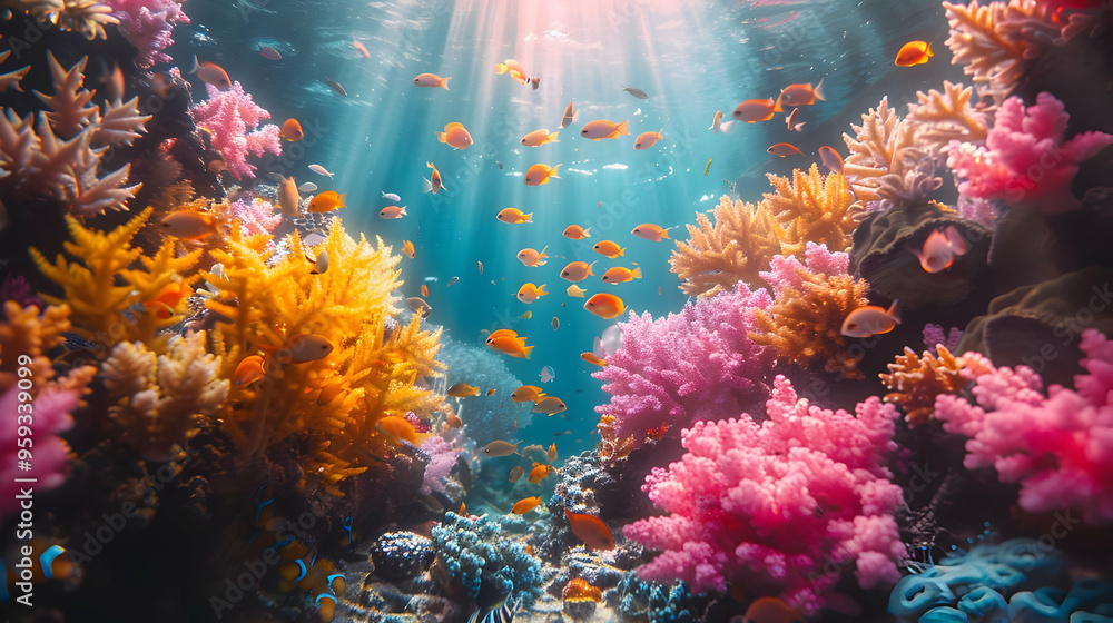 Fototapeta premium Vibrant Underwater Scene with Colorful Corals and Fish - Realistic Image