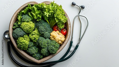 Organic  healthy  food  in  wooden  bowlsmedical  stethoscope  and green  heart  shape  on  white  background  for  the  health  conceptTop  view : Generative AI photo