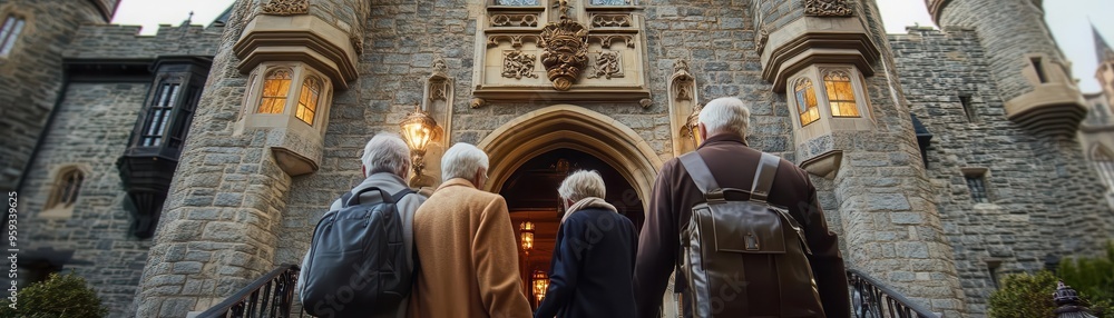 Elderly tourists checking into a castle hotel, grand entrance, historical grandeur close up, royal travel theme, surreal, Overlay, medieval castle backdrop Elderly tourists checking into a castle hotel, grand entrance, historical grandeur close up, royal travel theme, surreal, Overlay, medieval castle backdrop