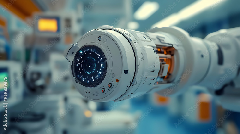 Close up of a robotic arm with a camera lens in a futuristic laboratory setting. Close up of a robotic arm with a camera lens in a futuristic laboratory setting.
