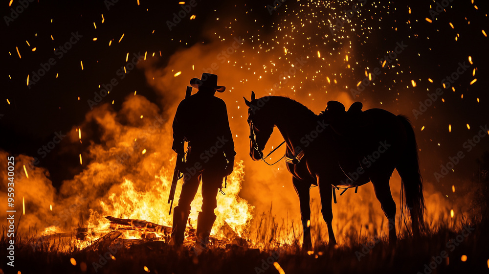 Fototapeta premium Cowboy and Horse Silhouetted by Fire at Night Under a Starry Sky