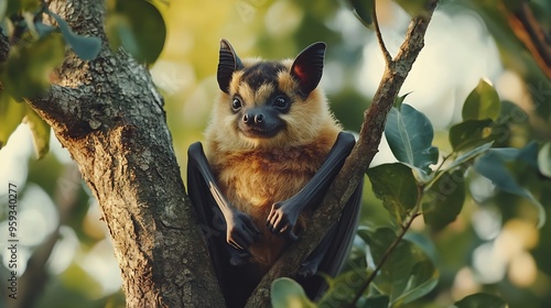 Peterss epauletted fruit bat Epomophorus crypturus species of megabat sitting on green tree in the forest Cute bat in the nature habitat Okavango delta in Botswana Arica Traveling natu : Generative AI photo