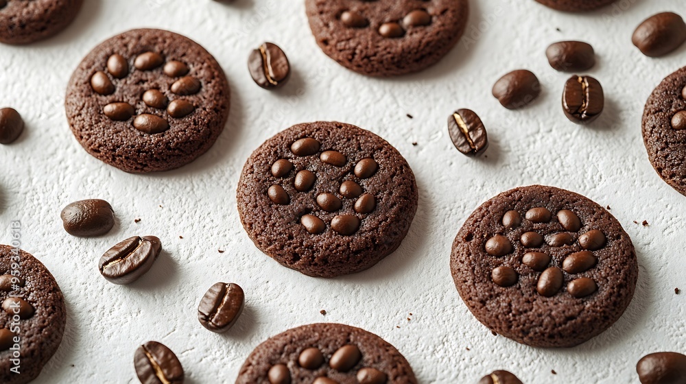 Fototapeta premium Coffee bean cookies on a patterned white background : Generative AI