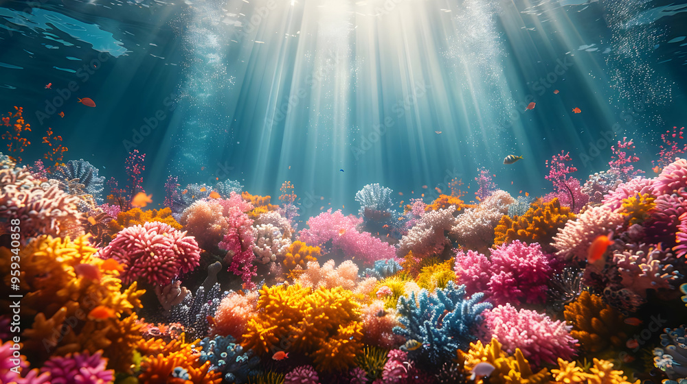 Fototapeta premium Vibrant Underwater Coral Reef Illustration with Sun Rays