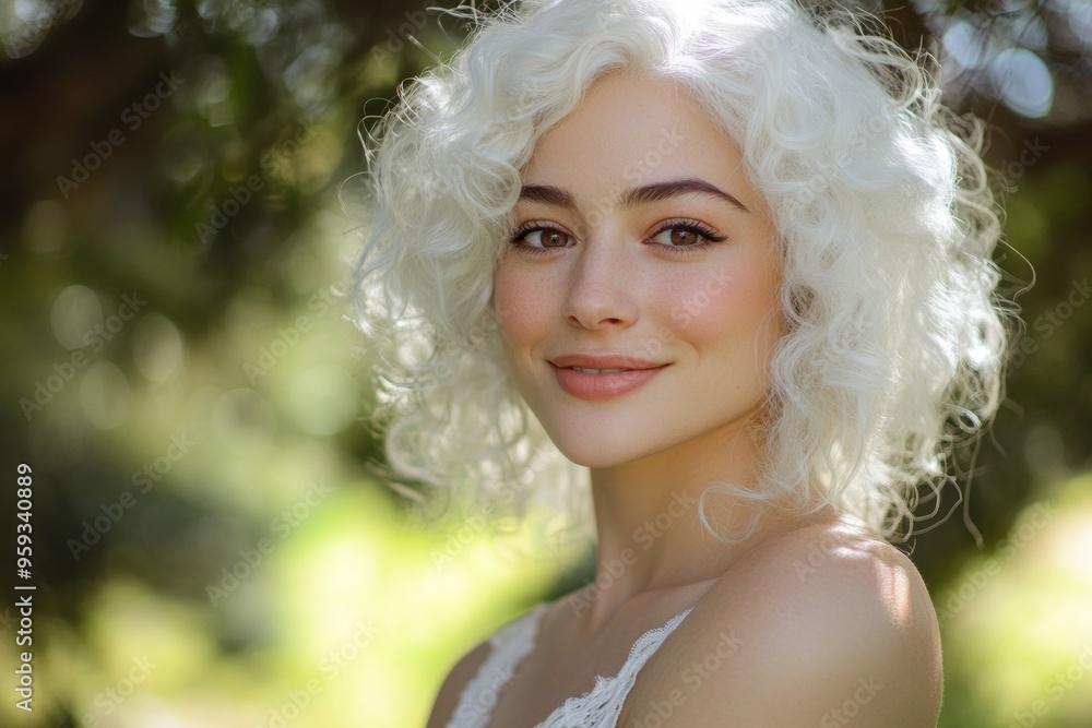 Smiling Woman with Curly White Hair in Nature. Generative AI. Smiling Woman with Curly White Hair in Nature. Generative AI.