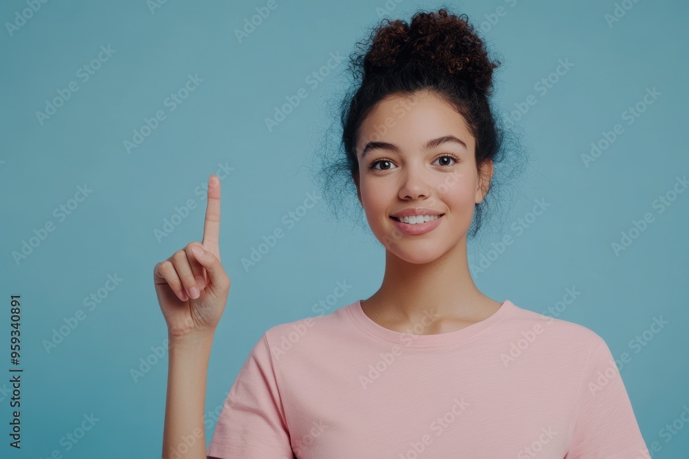 Smiling Young Woman in Pink Shirt Pointing Up. Generative AI. Smiling Young Woman in Pink Shirt Pointing Up. Generative AI.
