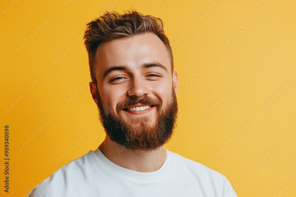 Bearded Man Smiling Against Yellow Background. Generative AI. Bearded Man Smiling Against Yellow Background. Generative AI.