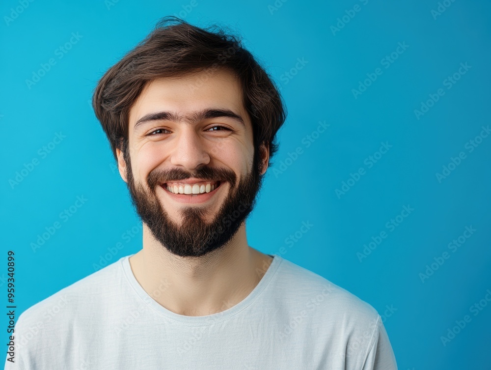 Obraz premium Smiling Man with Beard on Blue Background. Generative AI.