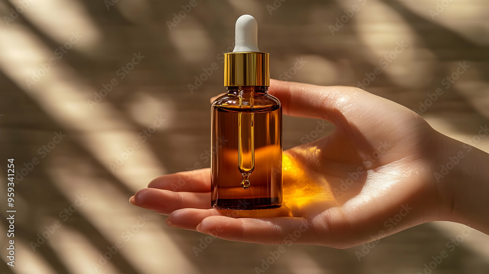 Close-up of a hand holding a glass dropper bottle with a gold cap, filled with amber liquid. The background is blurred with warm sunlight. Close-up of a hand holding a glass dropper bottle with a gold cap, filled with amber liquid. The background is blurred with warm sunlight.