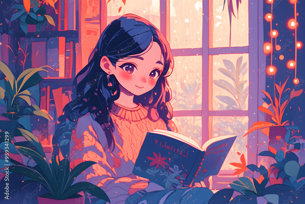 Cozy girl reading a book with a cup of tea on a rainy day, surrounded by plants and fairy lights. Anime style, Cozy vibes Cozy girl reading a book with a cup of tea on a rainy day, surrounded by plants and fairy lights. Anime style, Cozy vibes