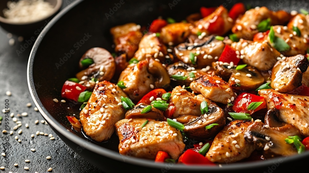Stir fry with turkey fillet paprika mushrooms green chives and sesame seeds in frying pan Asian cuisine dish Black stone kitchen table background top view : Generative AI Stir fry with turkey fillet paprika mushrooms green chives and sesame seeds in frying pan Asian cuisine dish Black stone kitchen table background top view : Generative AI