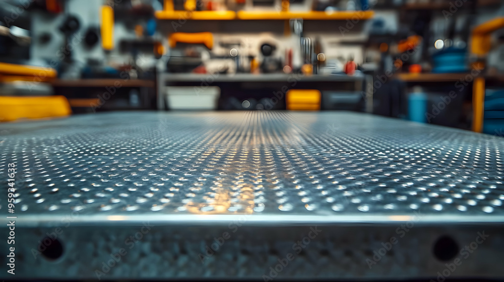 Close-up of a metal workbench surface with a dimpled texture in a workshop. Close-up of a metal workbench surface with a dimpled texture in a workshop.