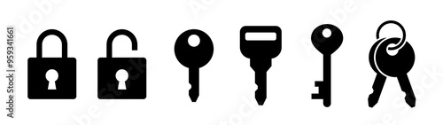 Lock and key icon set. Black color silhouette icon on white background.
