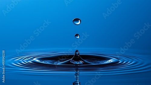 A single water drop falling on a smooth blue surface from above, creating a large ripple and light reflections