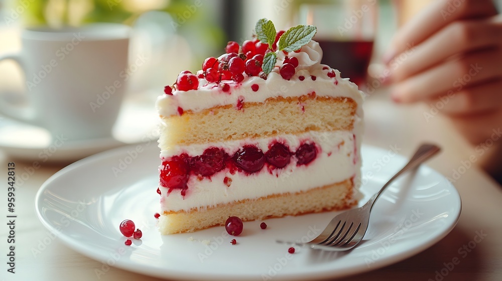 Cake slice on white plate Cake with cream delicious dessert Appetite concept Dessert cake cup of coffee and female hand with fork close up Piece of cake with red berry Gourmet recipe f : Generative AI Cake slice on white plate Cake with cream delicious dessert Appetite concept Dessert cake cup of coffee and female hand with fork close up Piece of cake with red berry Gourmet recipe f : Generative AI