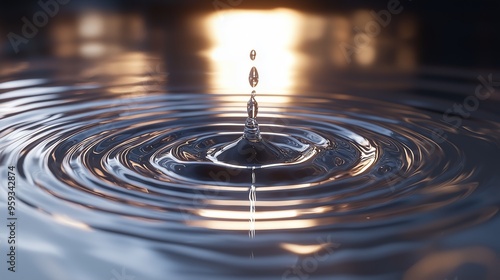 Water drops falling on a smooth metallic surface from above, with bright reflections and circular ripples radiating outward