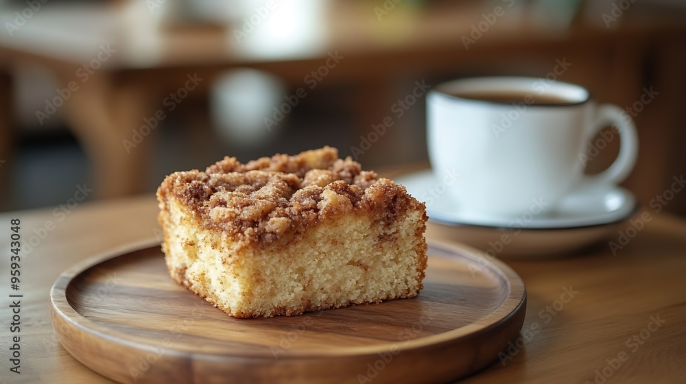 Closeup of a piece of cinnamon swirl crumb cake and coffee cup on a wooden plate : Generative AI Closeup of a piece of cinnamon swirl crumb cake and coffee cup on a wooden plate : Generative AI