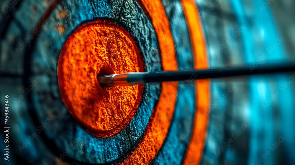 Close-up of an arrow hitting the bullseye on a target. Close-up of an arrow hitting the bullseye on a target.