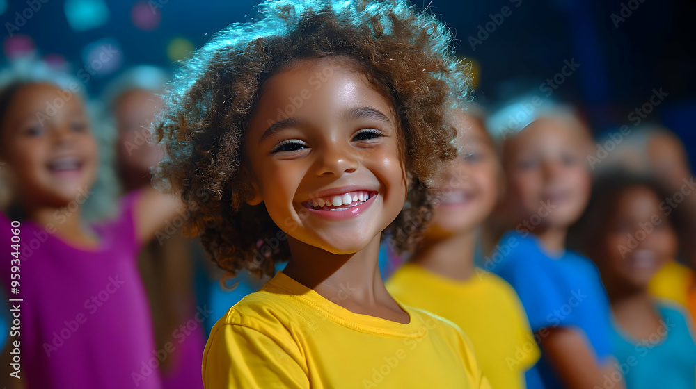 Closeup portrait of a little girl with curly hair smiling happily with blurred background of children. Closeup portrait of a little girl with curly hair smiling happily with blurred background of children.