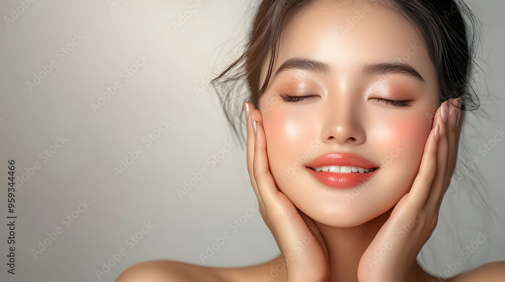 Close-up portrait of a young woman with her eyes closed, smiling, and holding her face. Close-up portrait of a young woman with her eyes closed, smiling, and holding her face.
