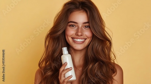 Young smiling woman with long healthy brown hair holding shampoo on palm with organic natural ingredients Happy female advertising haircare products while standing isolated on studio b : Generative AI photo