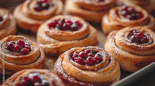 Wallpaper Mural close up Freshly baked mixed fruit cinnamon rolls in a baking tray : Generative AI Torontodigital.ca