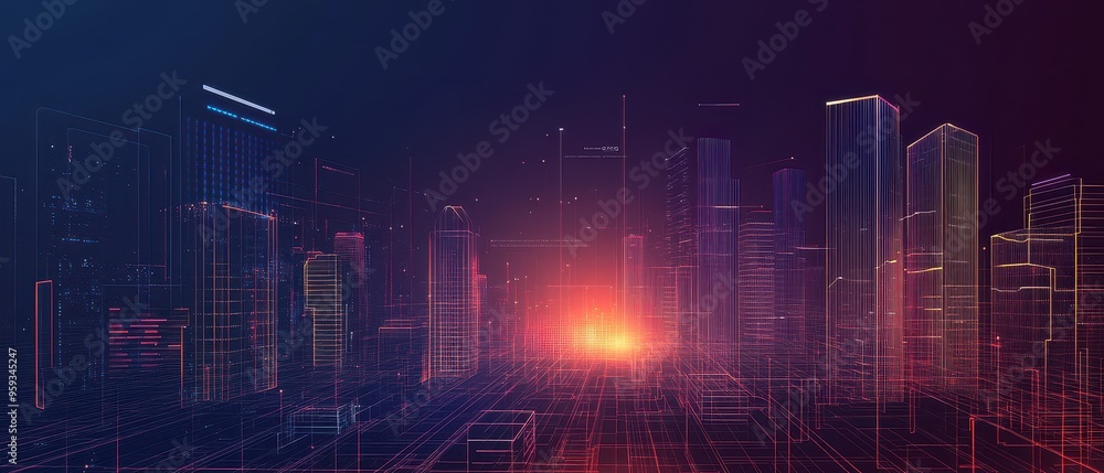 A cityscape with a bright orange light in the middle A cityscape with a bright orange light in the middle