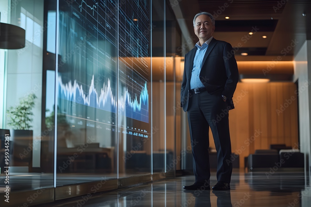 Fototapeta premium Businessman Confidently Standing in Modern Office Hallway