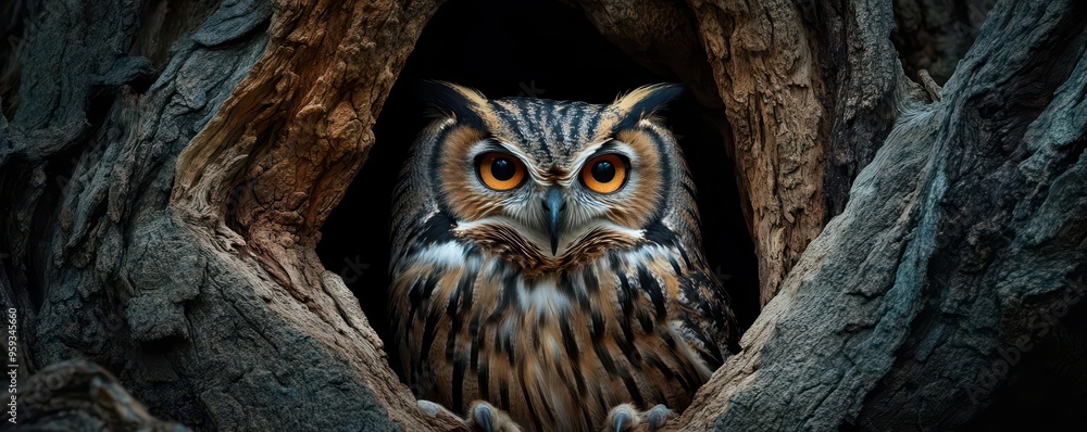 Owl with wide eyes, alert and vigilant, sitting quietly in the hollow of an old tree, nighttime scene, detailed texture of feathers and bark Owl with wide eyes, alert and vigilant, sitting quietly in the hollow of an old tree, nighttime scene, detailed texture of feathers and bark