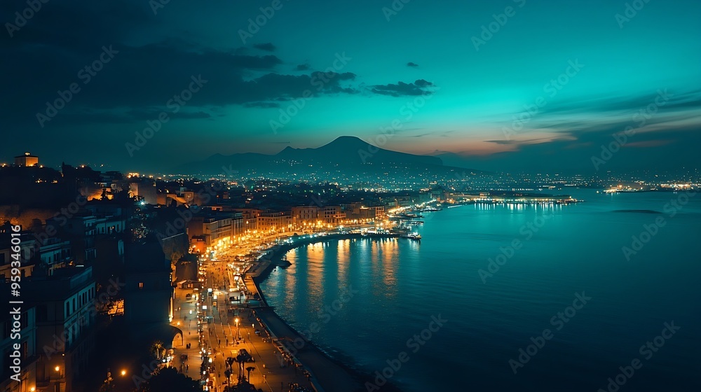 Naples Italy Top View Skyline Cityscape In Evening Lighting Tyrrhenian Sea And Landscape With Volcano Mount Vesuvius City In Night Illuminations : Generative AI Naples Italy Top View Skyline Cityscape In Evening Lighting Tyrrhenian Sea And Landscape With Volcano Mount Vesuvius City In Night Illuminations : Generative AI