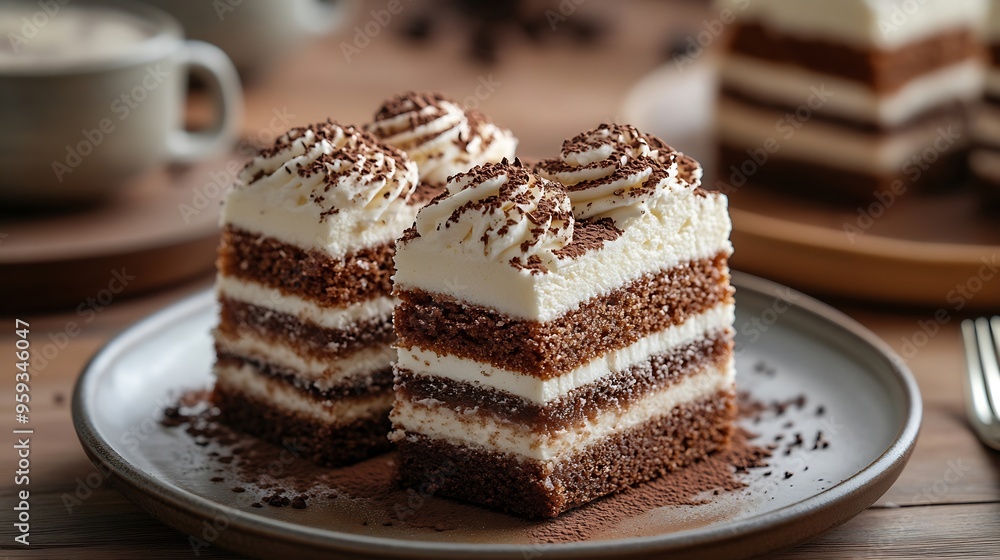 Slicces of coffee cake on tea plates The cake is topped with whipped cream and grated chocolate : Generative AI Slicces of coffee cake on tea plates The cake is topped with whipped cream and grated chocolate : Generative AI