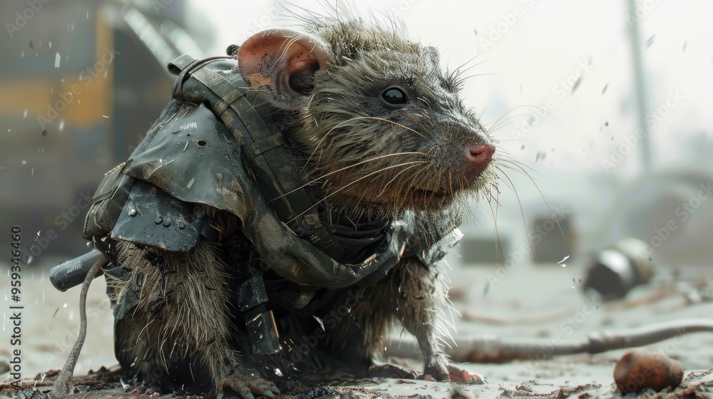 Rat of the Wasteland: A hardened, battle-scarred rat warrior stands stoic amidst the ruins, rain-soaked and ready for anything. Rat of the Wasteland: A hardened, battle-scarred rat warrior stands stoic amidst the ruins, rain-soaked and ready for anything.