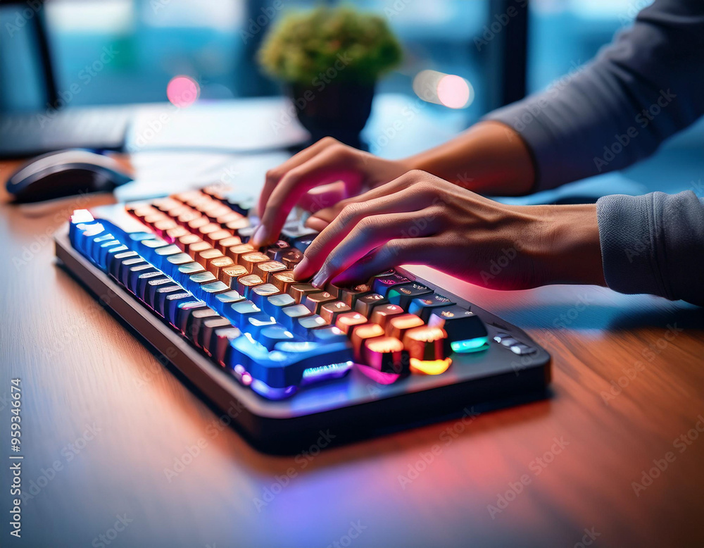 A close-up of hands typing on a mechanical keyboard, with colorful keycaps and a mouse besid A close-up of hands typing on a mechanical keyboard, with colorful keycaps and a mouse besid