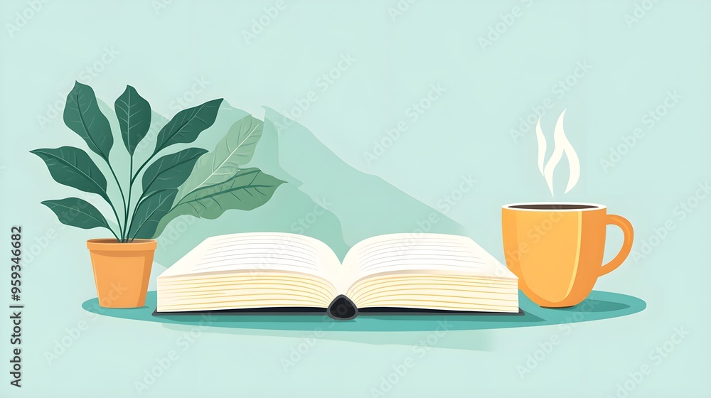 Flat design of a book and coffee cup on a table, using minimal details Flat design of a book and coffee cup on a table, using minimal details