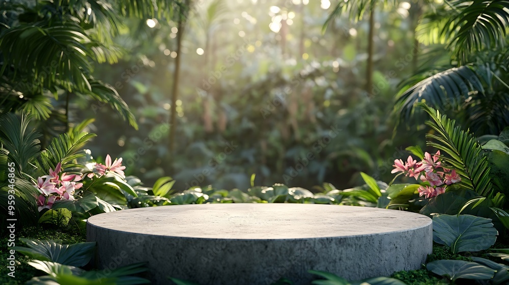 Natural stone and concrete podium in tropical forest with flowers Empty showcase for packaging product presentation Background for cosmetic products scene with green leaves Mock up ped : Generative AI Natural stone and concrete podium in tropical forest with flowers Empty showcase for packaging product presentation Background for cosmetic products scene with green leaves Mock up ped : Generative AI