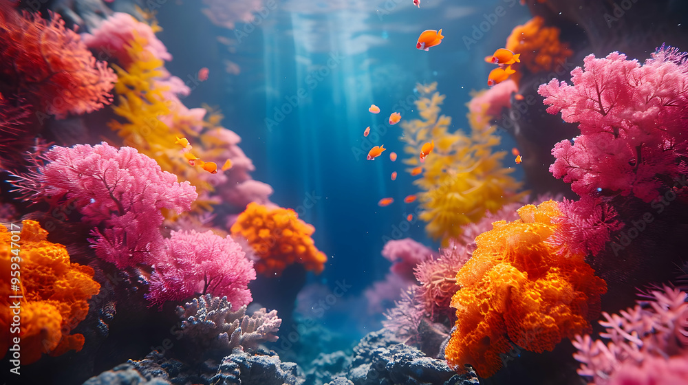 Fototapeta premium Vibrant Underwater Scene with Colorful Coral Reefs and Fish Illustration